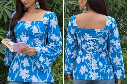 Image of Rayon Floral Print Short Kurti for Women | Square Neck Long Sleeve Top for Women | Criss Cross Back Desing Kurti | Soft Breathable Fabric | Relaxed Fit | Casual and Office Wear