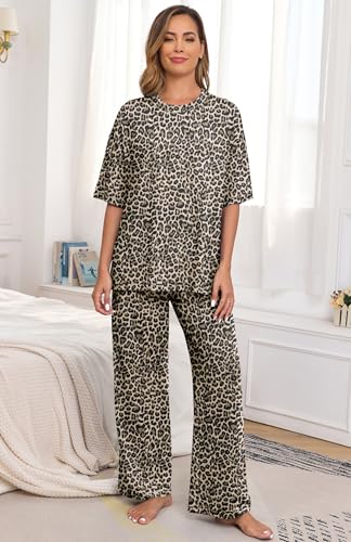 Image of PrinStory Womens Pajamas Sets 2 Piece Lounge Set Short Sleeve Tops and Long Pants Soft Pjs Loungewear with Pockets
