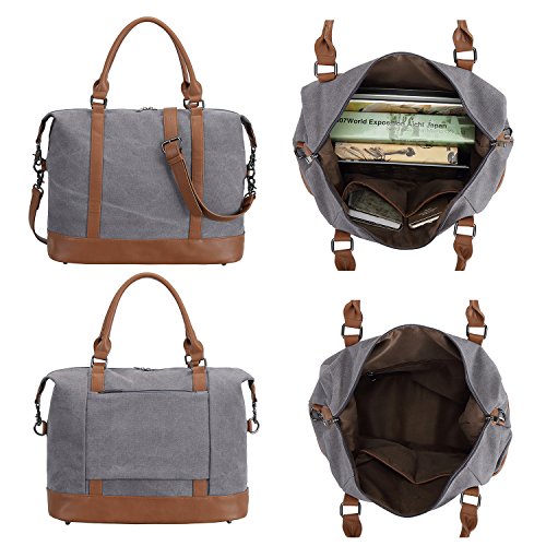 Women Ladies Canvas Weekender Bag Overnight Carry-on Tote Duffel in Trolley Handle (Grey)