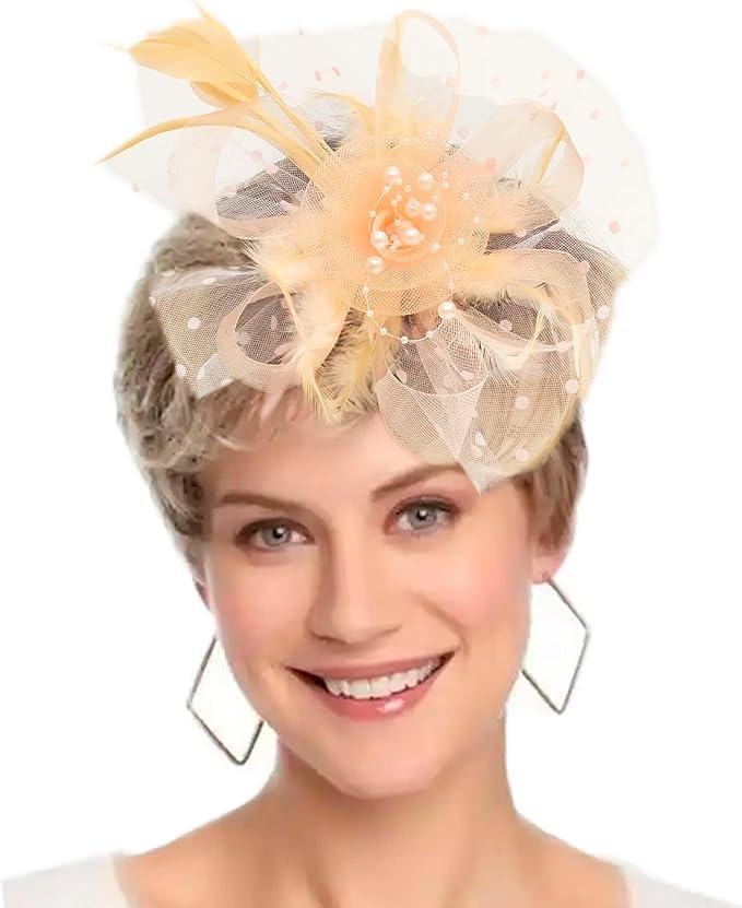 Fascinators Hats 20s 50s Pillbox Hat Cocktail Tea Party for Women (Champagne, One Size)