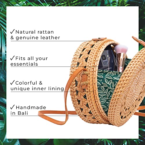 Novum Crafts Round Rattan Bag for Women - Handmade Straw Bags - Wicker Purse - Brown White Circle Crossbody Boho Bags3