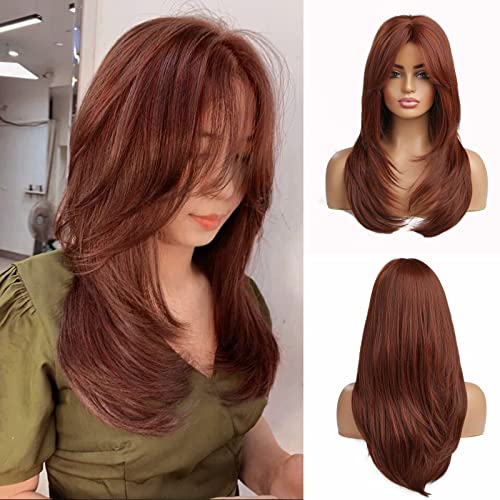 Esmee Perruques Longues Droites Auburn pour Femmes Perruque de Cheveux Natuaral Synthétique Layered avec Frange pour la Fête Quotidienne Cosplay Utilisation- 20 Pouces Cover