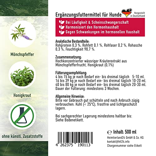 TJURE Mönchspfeffer Liquid für Hunde | 500 ml | Ergänzungsfuttermittel für Hunde mit Mönchspfeffer | Pflanzliche Rezeptur zur Unterstützung in besonderen Phasen | Made in Germany