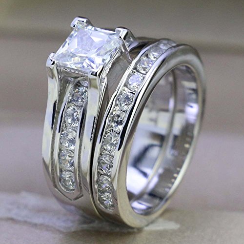 Bridal Sets White Gold Plated Womens Wedding Ring Sets Princess Cut Cz Engagement Ring 2pcs Wedding Band4