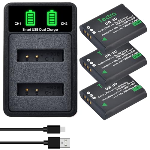 Tectra 3-Pack DB-110 Battery and LED Dual Charger for Ricoh GR III GR IIIx Theta X WG-6 G900 G900 II G900SE II Digital Cameras as LI-92B/LI-90B