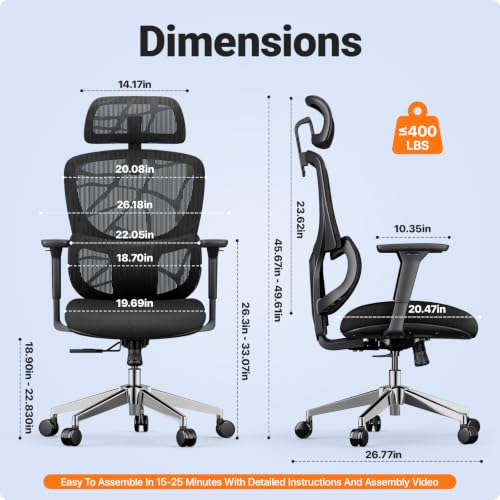 Image of Jacia House Big & Tall Ergonomic Office Chair with Lumbar Support | Breathable Mesh Back, 135 Recline, 360 Swivel, Sliding Seat, 2D Removable Headrest, 4D Armrest for Home Office & Gaming