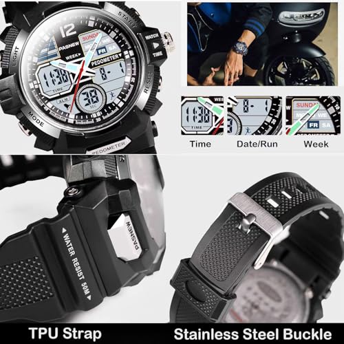 Image of PASNEW Boys' Watches - Dual Display, Large Dial Sport Watch, Black Outdoor Watch for Boys & Teens - Waterproof