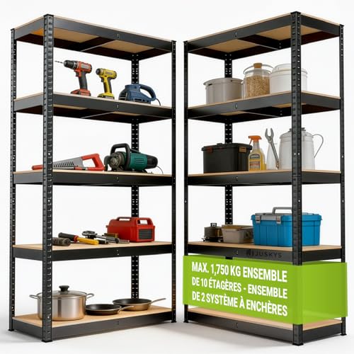 Juskys Étagère Charges Lourdes Basic, Lot de 2, 180 x 90 x 40 cm - 5 Niveau á 175 kg, Capacité 875 kg, Étagères de Rangement en Metal pour Garage et Cave...