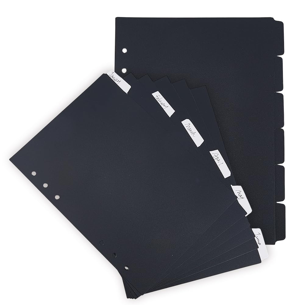 SUPERFINDINGS 2 Sets 12 Sheets A5 Index Binder Dividers Black Plastic Binder Dividers with 6 Tabs A5 Durable Indexs Page Divider 6 Holes Ring Index Page for Planner Notebook Journal, 8.3x6.2inch