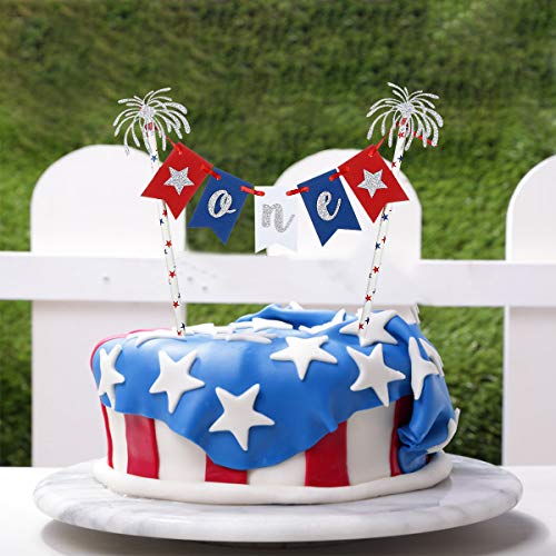 4th of July One Birthday Cake Topper Red White and Blue Glitter Patriotic 1st Birthday Cake Topper for 4th of July Baby Shower 1st Birthday Cake Decorations — view 2