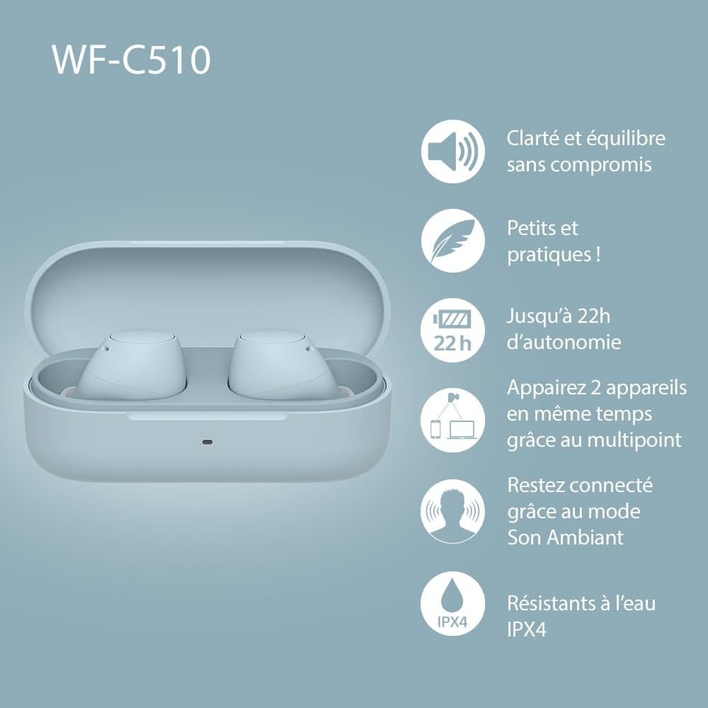 Sony WF-C510 Truly Wireless Kopfhörer - Kleine, leichte Bluetooth In-Ear-Kopfhörer mit Multipoint-Connection, Ambient Sound, IPX4 Rating, Spotify Tap, iOS & Android - blau (Generalüberholt)