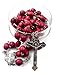 BLESSED CATHOLIC ROSARY NECKLACE Red Rose Scented Wood Beads Jerusalem Cross Crucifix in Gift Box