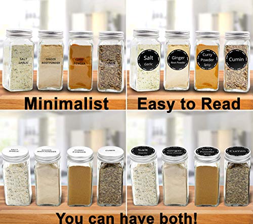 Kitchen Almighty 25 Glass Spice Jars Complete Set: 667 Chalkboard & Clear Printed Spice & Pantry Labels - 4 Fl Oz Empty Square Bottles W/Pour/Sift & Coarse Shakers & Airtight Cap - Silicone Funnel #TOP4