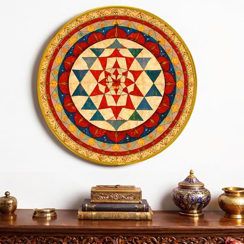 Image of Sri Yantra Mandala Vastu Round Framed Wall Art Painting For Living Room, Geometry Spiritual Wall Art Painting With Frame for Home, Meditation Room & Office, 16 Inch