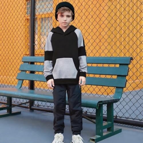 5-11Y Boys Clothes Long Sleeve Hooded Pullover Colorblock Sweatshirt + Pants 2pcs Fall Winter Outfit Set2