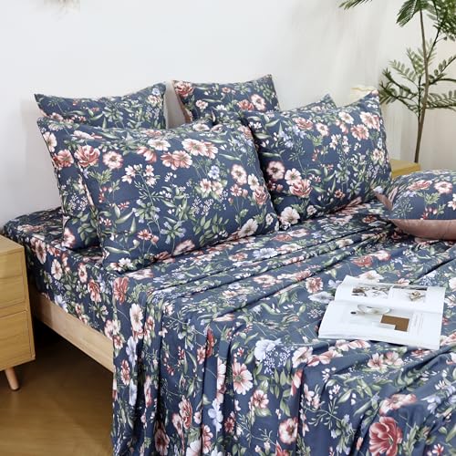Image of FADFAY Sheets Set Full Vintage Dark Blue Floral Bedding Shabby Peony Floral Sheets Navy French Country Farmhouse Bedding 800 Thread Count 100% Egyptian Cotton Deep Pocket Fitted Sheet 4Pcs, Full Size