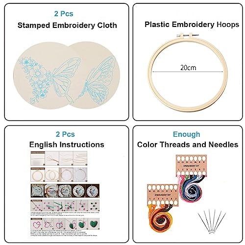 Image of Konrisa Embroidery Kits with Butterfly Flower Pattern, Stamped Embroidery Starter Kit for Beginners Adults Needlepoint Kits Include Embroidery Fabric Embroidery Hoop Threads and Needles,Set of 2