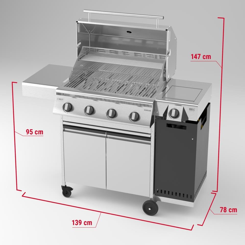 Schickling Gasgrill "Hermann XL - Deluxe" Edelstahlgrill Grillwagen mit Unterschrank, doppelwandigem Deckel, 4x 5kW Brenner, 800 Grad Seitenbrenner & 4-teiligen Grillrost - Made in Germany