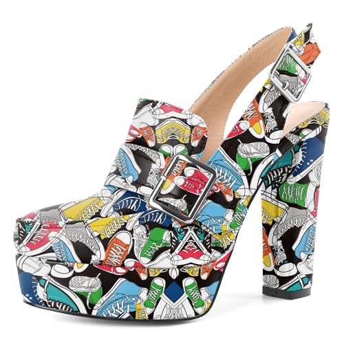 Image of Women's High Heel Loafers Platform Pumps Round Toe Heels Chunky Heel Pumps Stylish Comfortable 4.8 Inch Slingback Heels