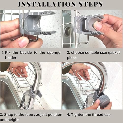 Image of Faucet Mounted Sponge Holder for Kitchen Sink - Stainless Steel Tap Storage Rack Organizer | Adjustable Clamp Basket for Scrubber, Soap, Dishwashing Accessories | Rust Proof (SS Caddy, Pack of 1)