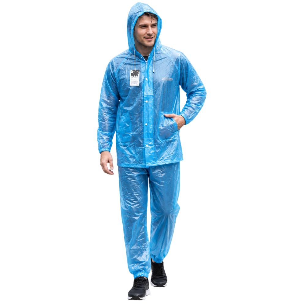 (𝐒𝐩𝐞𝐜𝐢𝐚𝐥 𝟏𝟓 𝐘𝐞𝐚𝐫𝐬 𝐖𝐚𝐫𝐫𝐚𝐧𝐭𝐲 Waterproof Rain Suit for Men, Blue Hooded Rain Jacket & Pant Set, Lightweight Reusable Polyester Rainwear for Bike Riding, Office Commute-image-3