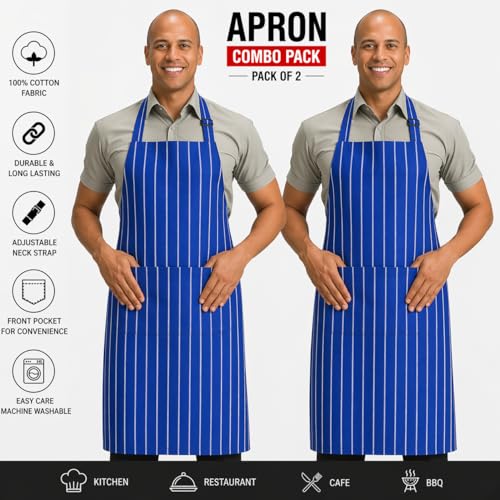 Image of 100% Cotton Cooking kitchen Apron for Women and Men chef apron With adjustable neckstrap and ties with center pocket with strong and durable cotton apron