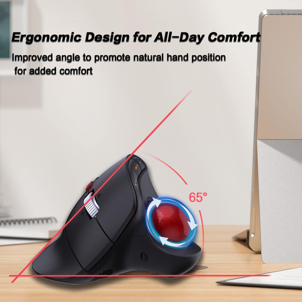 JOMAA Mouse wireless con trackball verticale, design ergonomico, commutazione a 3 dispositivi, 2,4 G/Bluetooth 5.0, ricaricabile di tipo C, DPI regolabile, compatibile con Windows/macOS/iOS/Android