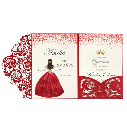 DORIS HOME 50pcs Laser Cut Quinceanera Invitation Pockets with Envelopes Red, 5.12' x 7.12'Invitation Cards for Birthday, Miss 15, Sweet 16 (No Inserts Included)