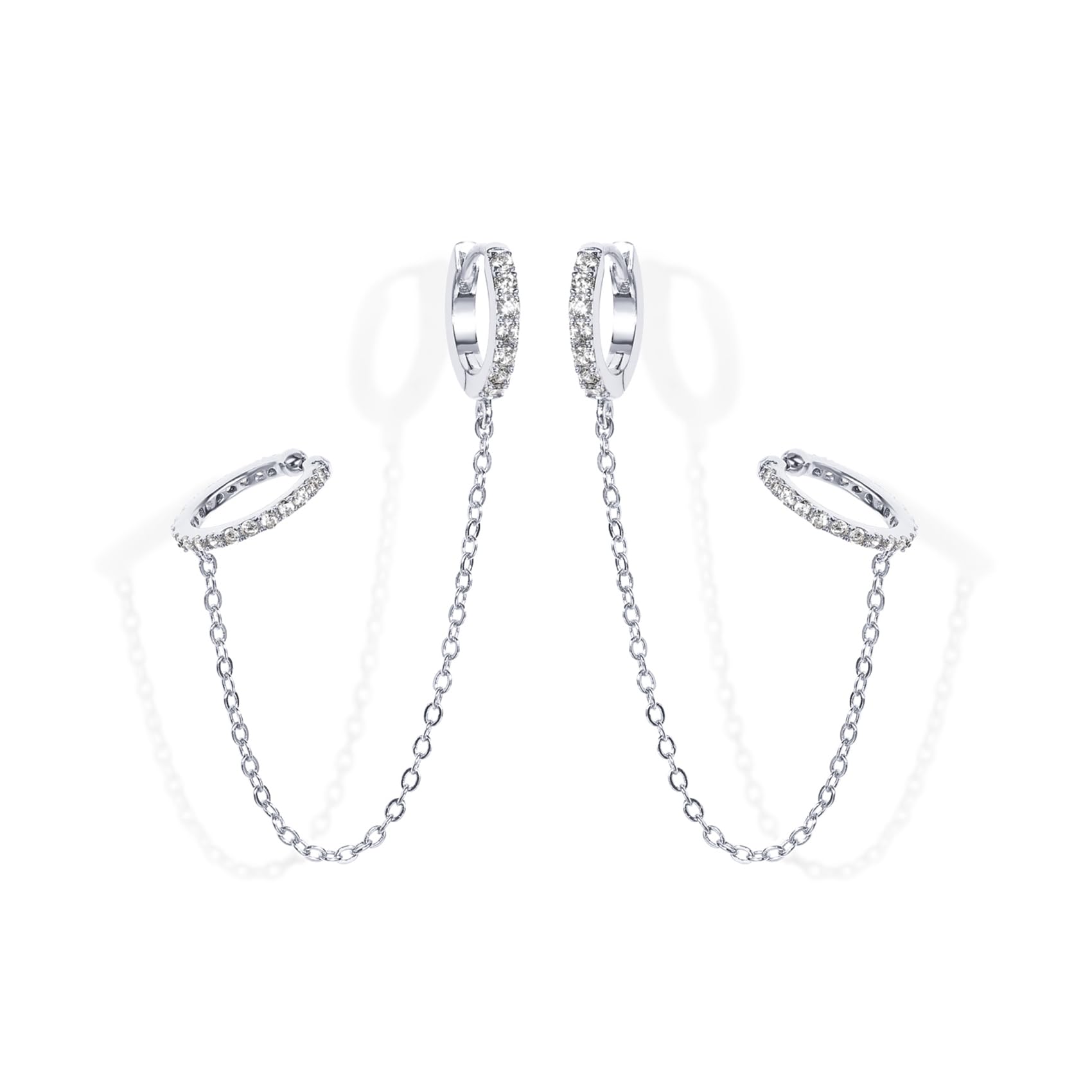 14K Gold Chain Earrings for Women | Double Piercing Dangle Chain Huggie Hoop Earrings | Cubic Zirconia Pearl Stud Ear Cuff Earrings for Women