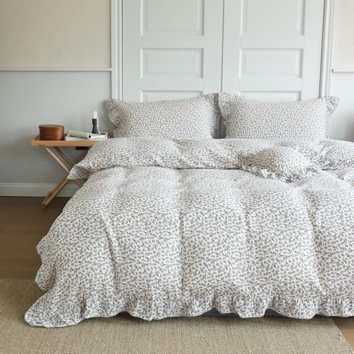 Image of BuLuTu Chic Shabby Blue Floral Print Duvet Cover Queen, Double-Layer Cotton Muslin Comforter Cover with Ruffles, Kids Teens Bedding Quilt Covers,90 inchx90 inch, Zipper Closure, No Pillow