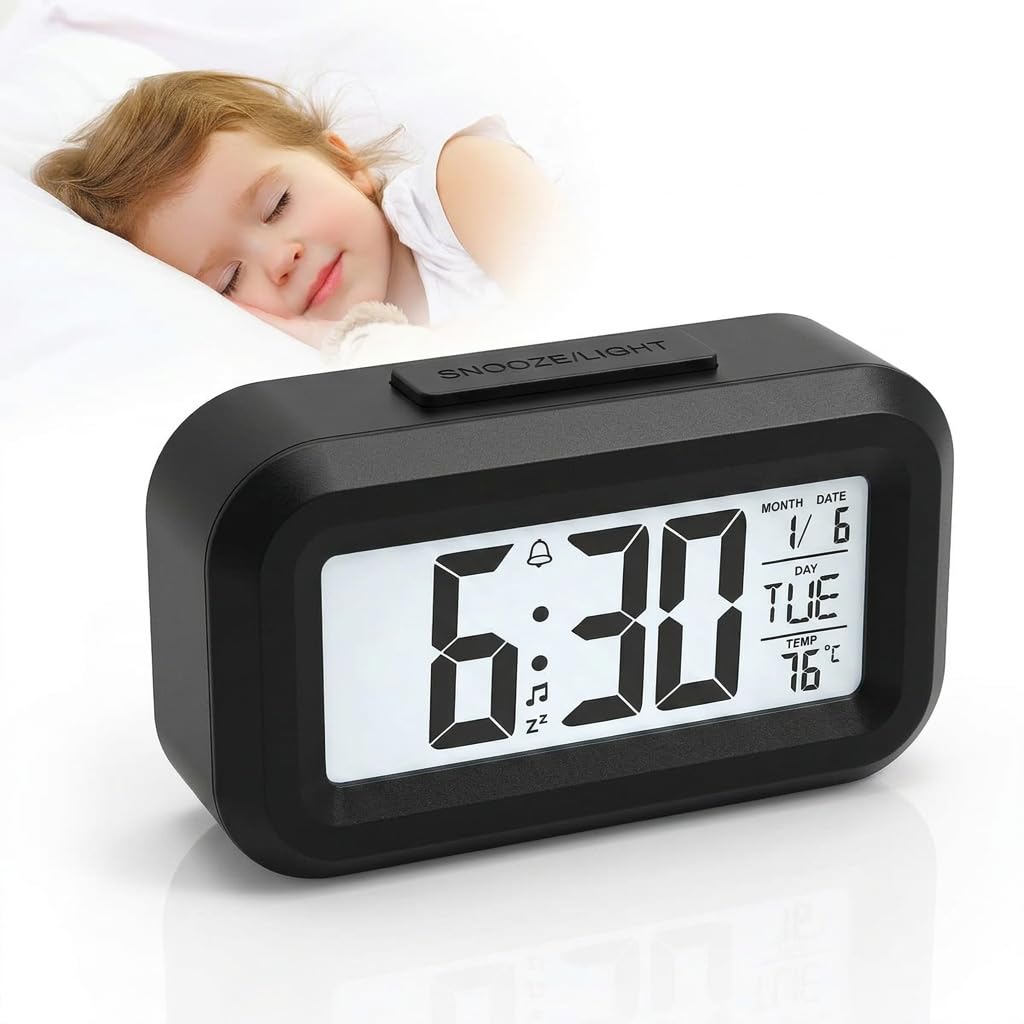 SureFly Digital Alarm Clock with Large Display, Time Date Temperature Display, Smart Sensor Night Light, Snooze Function, Silent Battery Operated Bedside Clock for Bedroom Desk