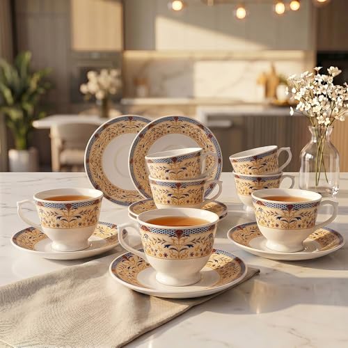 Image of U.P.C.Cup & Saucer Set of 12 Pcs | Royal Mughal Gold & Blue Floral Jaal Printed Bone China Tea Coffee Set | Gift for Home & Kitchen