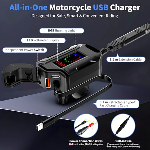 Image of Motorcycle USB Charger, 3-in-1 Fast Charging with USB-A & USB-C + Retractable Type-C Cable, 12-24V Waterproof IP56, LED Voltmeter, Handlebar & Mirror Mount for Motorbike ATV