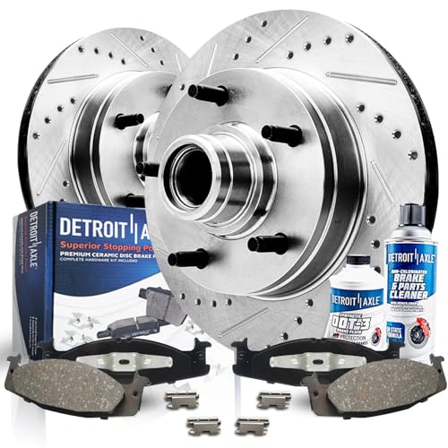 Image of Detroit Axle - Front Brake Kit for 94-01 Ford E-150 Econoline 94-96 F-150 | Drilled & Slotted Disc Brake Rotors Ceramic Brake Pads Replacement 11.73 inch inch Rotors