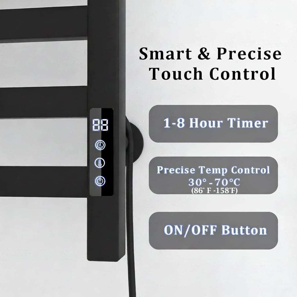 8-Bar Towel Warmer with with Top Warmer Shelf, Electric Towel Rack Set with Fast Heating, Auto Shut-Off Timer, Matte Black Finish, Hardwired or Plug-in, Hot Towels in Bathroom