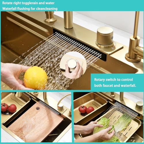 Bokaiya Raindance Nano Waterfall Stainless Steel Kitchen Sink, Multifunctional Sink with Chopping Board, Pull Out Faucet and Other Accessories Glass Washer, Ingle Bowl Railfall Gold (80x45x21CM) - Image 6