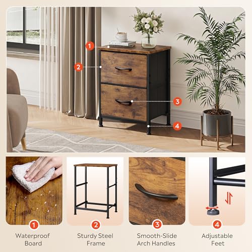 WLIVE Night Stand, Small Dresser with 2 Drawers & Wooden Top, Nightstand with Fabric Bins, Bedside Table End Table for Bedroom, Closet, Entryway, College Dorm, Rustic Brown - Image 5