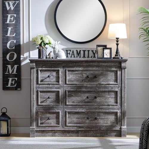 Image of Farmhouse 6 Drawers Dresser for Bedroom, 48 inch Wide Large Dressers & Chests of Drawers w /Roman Column, Storage Dressers Organizer for Bedroom, Hallway, Living Room, Light Grey