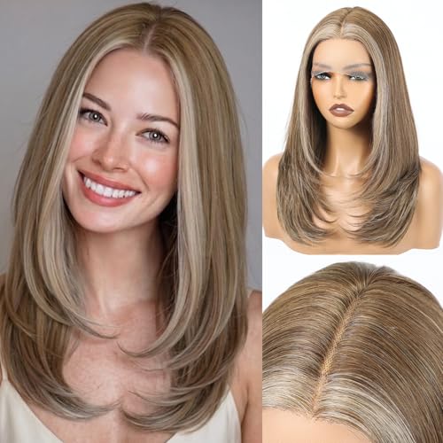Image of EMMOR Human Hair Wig for Women 13x5x1 Inch HD Lace Front Wig 18 Inch Layered Glueless Wigs Pre-Plucked Hairline Human Hair Blend Premium Synthetic Fiber for Everyday Wear