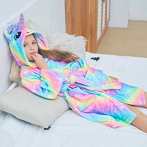 Beinou Unicorn Kid Robes Fleece Kid Bathrobe Rainbow Sleepwear for Girls Soft Long Shower Robe - Thumbnail 3