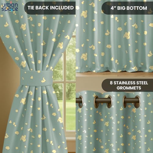 Image of Urban Space 100% True Blackout Curtains for Long Door, Gold Foil Printed Blackout Curtains, Decorative Door Curtain Eyelet with Tieback, 1 Piece Curtain for Living Room(Dalmatian Sage Green, 8 Feet)