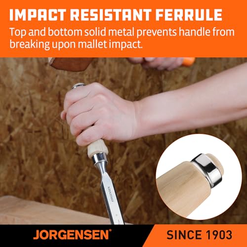 Image of Jorgensen 6-Piece Wood Chisel Set, Chromium Alloy Steel Beveled Edge Wood Chisels, Wood Chisels for Woodworking, Ergonomic Hardwood Handle with Metal Ferrule, 1 /4 inch, 3 /8 inch, 1 /2 inch, 5 /8 inch, 3 /4 inch, 1 inch