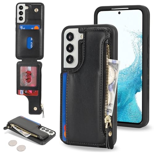 Étui portefeuille Galaxy S22 de style élégant en cuir noir avec finitions zippées