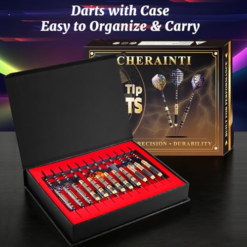 CHERAINTI Darts Metal Tip Set, 12 PCS Professional Steel Tip Darts for Dartboard with 20g 22g 24g Brass Barrels, 18 Aluminum Shafts, 36 Flights, 50 Rubber O-Rings, Sharpener Tool Kit and Gift Box