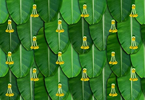Image of Lakshmi Pooja Background | Banana Backdrop Decoration Cloth | Banana Leaves Backdrop Cloth for Decoration Pooja Yellow Flowers | Decorations Backdrop 5x8 feet | Pooja Backdrop Cloth