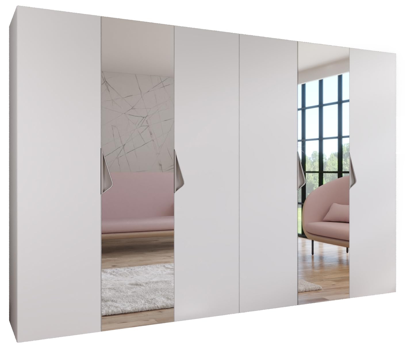 MEBLE KRYSPOL - Kleiderschrank - Garderobenschrank - 300 cm x 202 x 52 cm - Schrank mit Kleiderstange und Spiegel, 6 Türen - für Schlafzimmer, Flur - SANDI, Weiß, Griff Kaschmir
