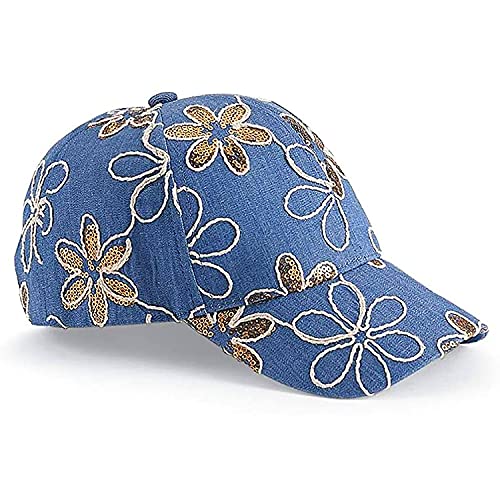 Pgi Traders Embroidered Flowers Baseball Hat | Embellished Flowers | Gold Sequin Accents | 100% Cotton Denim | Adjusts To Fit Most #TOP19