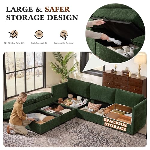 Image of Ihanherry 103 inch Modular Sectional Sofa with Storage, U Shaped Cloud Couch with Movable Ottomans & 4 Pillows, Chenille Deep Seat Sectional Couches for Living Room, Apartment (Green)