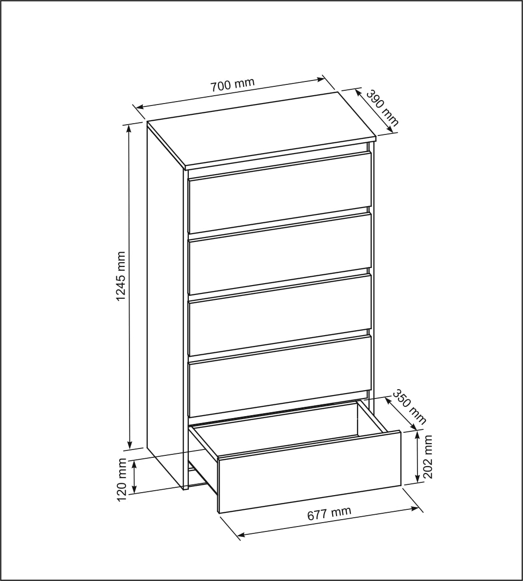 meble masztalerz Komoda Czarna 70 cm Matowa z 5 szufladami - 70x124,5x39 cm - Komoda do salonu, sypialni - Szafka z szufladami - Komoda z szufladami