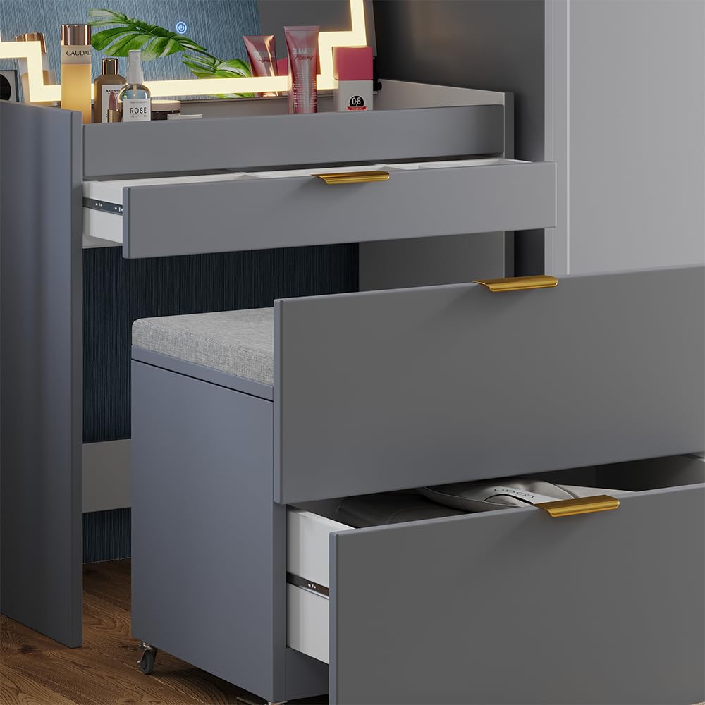 Vicco Schminkkommode Wanja, Grau, 80 cm | mit Bank und LED Spiegel, nutzbar als Schminktisch und Schreibtisch mit drehbarem Hocker